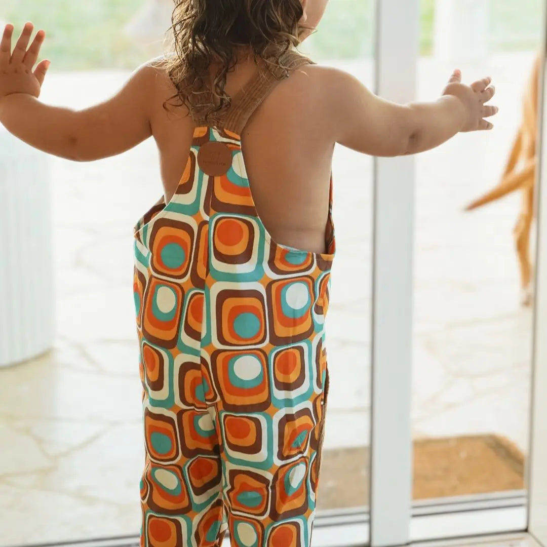 Organic cotton retro overalls made with cotton and corduroy. GOT Certified and for kids, todders and Infants - back VIew